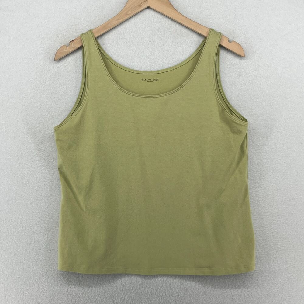 EILEEN FISHER Tank Top L Organic Cotton Stretch Jersey Scoop Neck Green USA